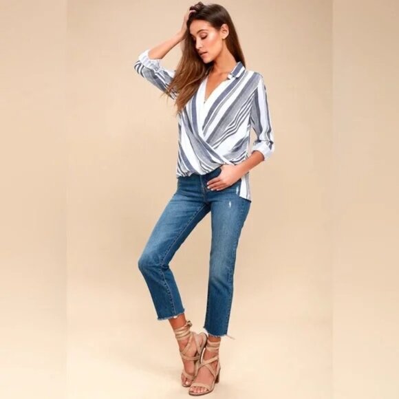 Lulus Sail West Blue and White Striped Surplice Top Blouse XS - Picture 1 of 8